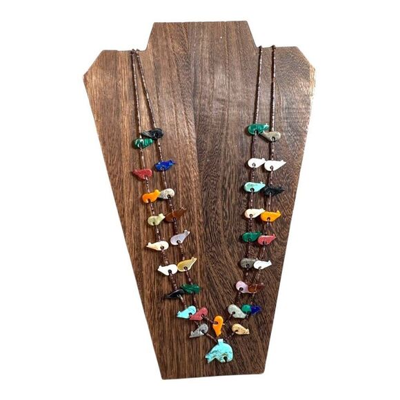 Vintage Zuni Double Strand Bird Fetish Turquoise Bear Necklace Multi-Stone 28" - Picture 2 of 12